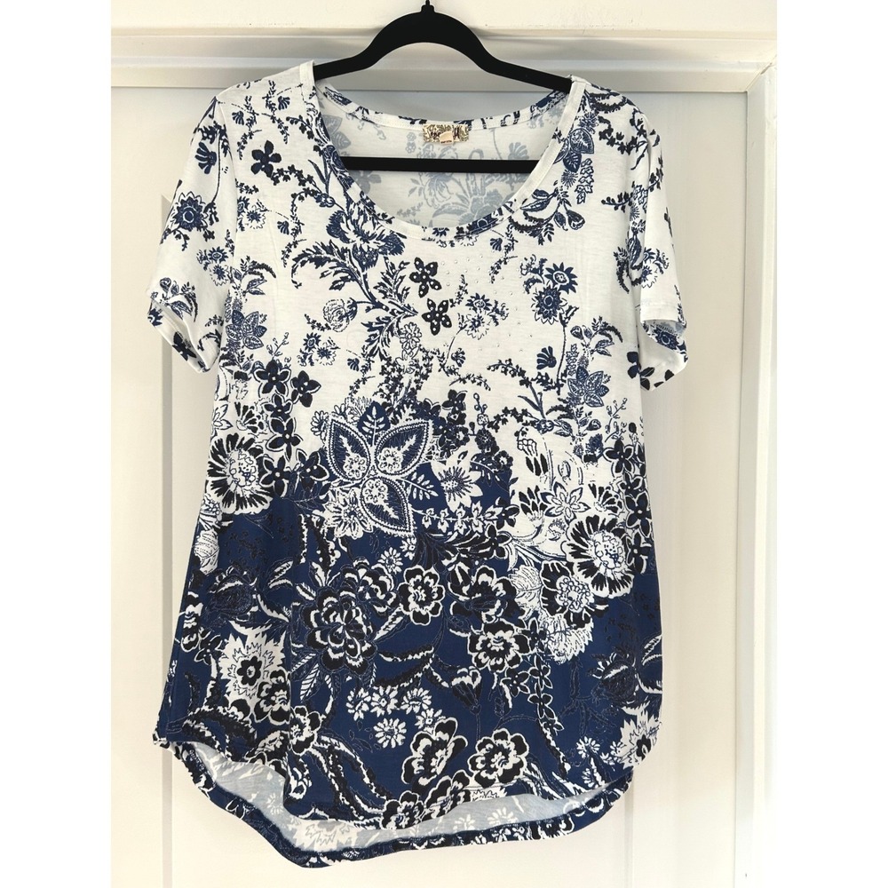 One World Navy‎ Blue White Floral Rhinestone Short Sleeve Top Womens Medium Boho